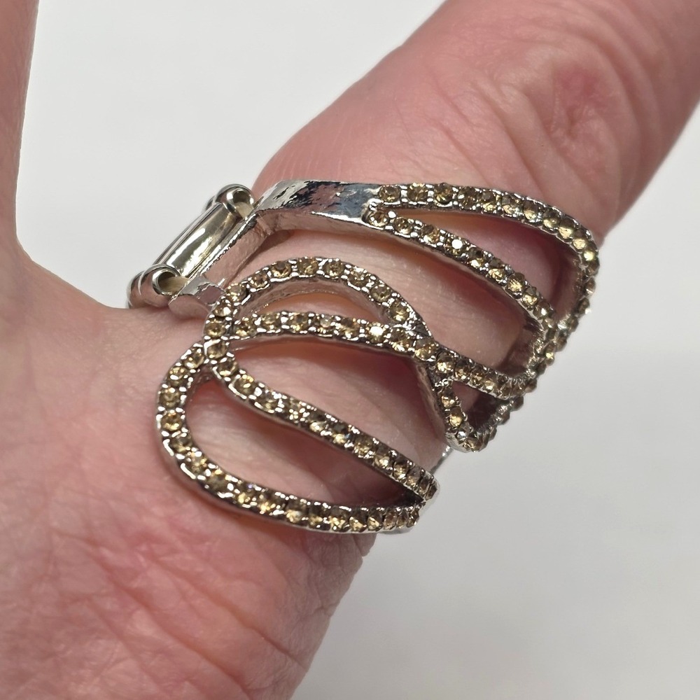 New Rhinestone Statement Ring Silver Tone Gold Stretch Band Wavy Layer Cocktail‎